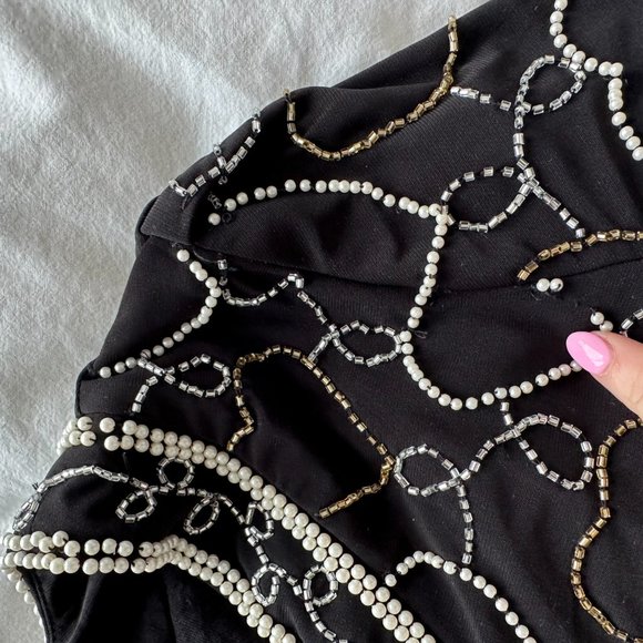 LoveShackFancy Norima Crop Cardigan Sz L Black Beaded Heart V-neck Cuff Sleeves - Picture 4 of 11